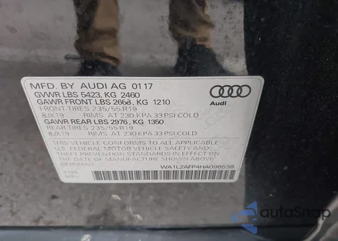 2017 Audi Q5 2.0T Premium from USA, damaged, VIN WA1L2AFP4HA096538